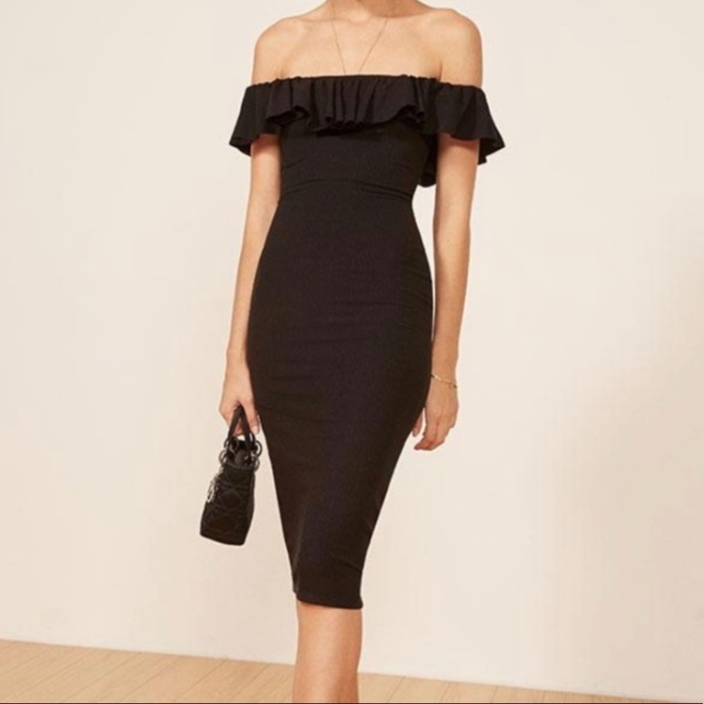 Reformation Black Off-Shoulder Midi Dress